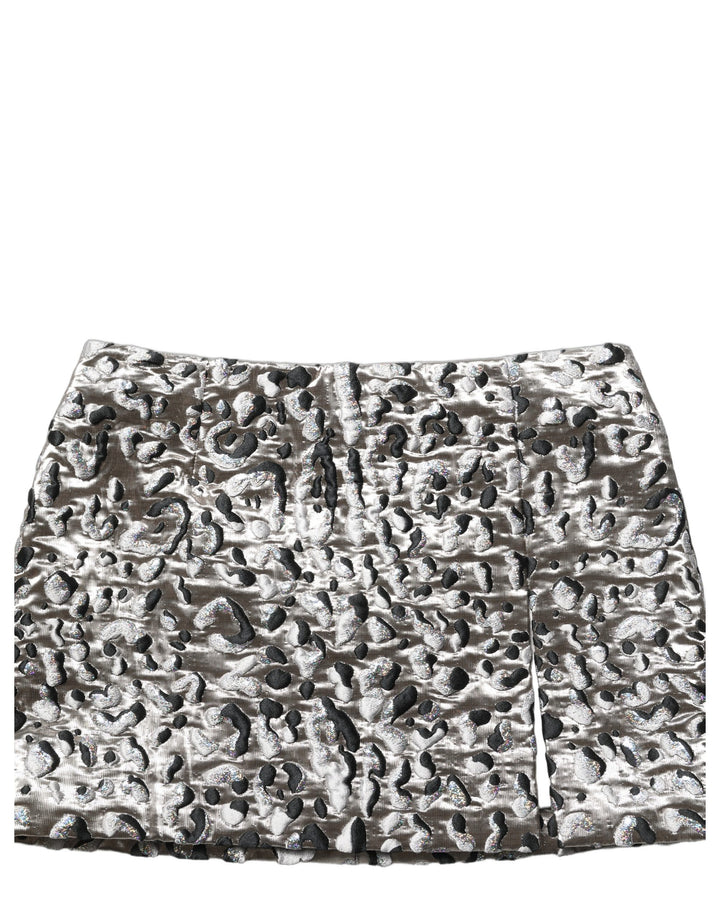 Dolce & Gabbana Silver Leopard Jacquard Mid Waist Mini Skirt
