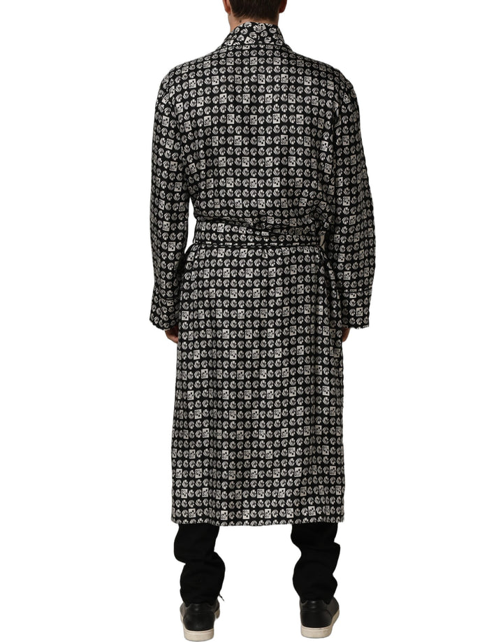 Dolce & Gabbana Black White Silk Men Wrap Robe Coat Jacket