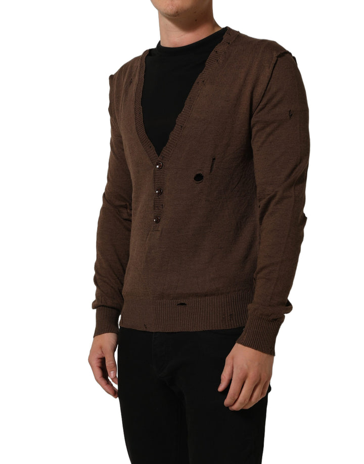 Dolce & Gabbana Brown Flax Buttoned V-neck Pullover Sweater