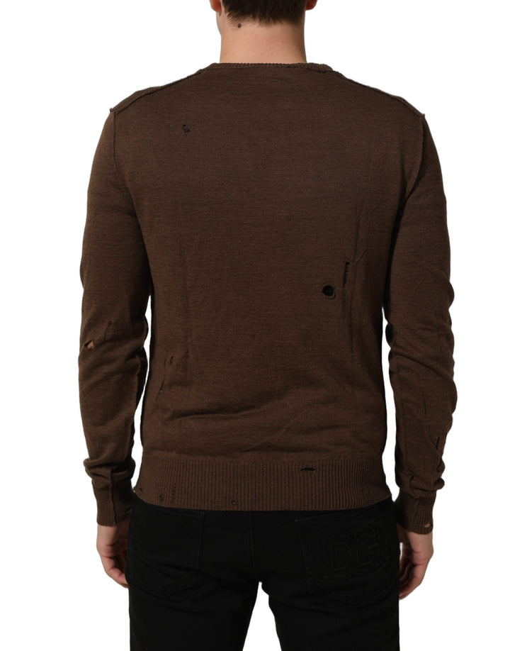 Dolce & Gabbana Brown Flax Buttoned V-neck Pullover Sweater