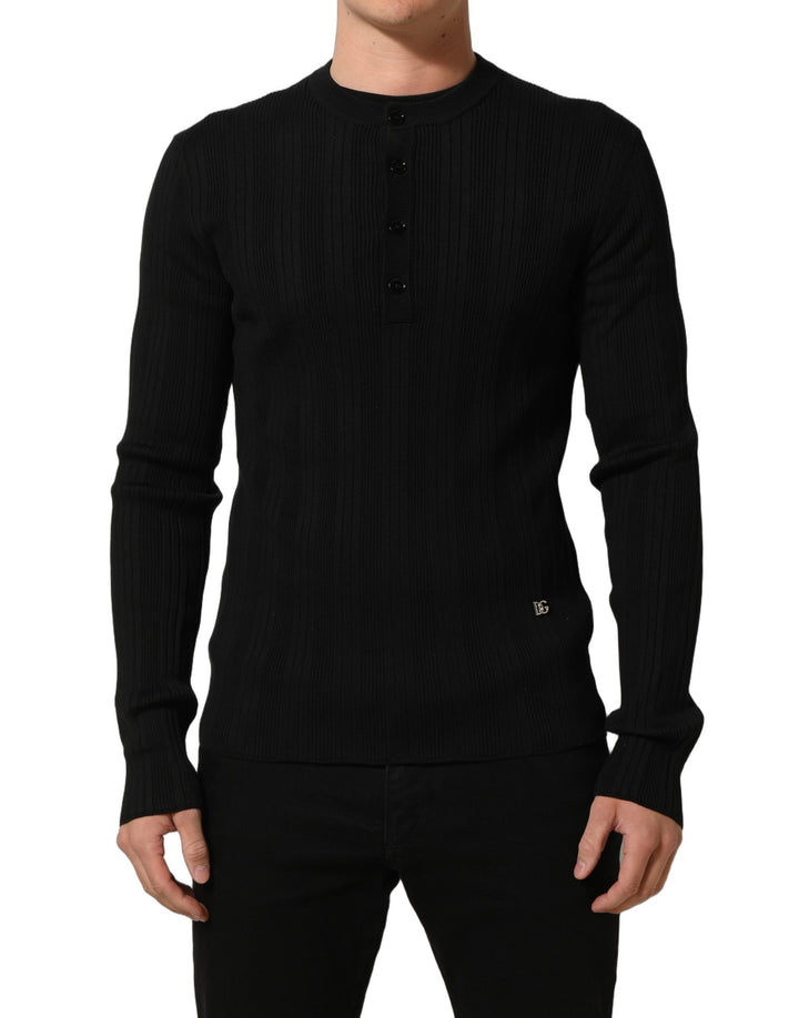 Dolce & Gabbana Black Silk Blend Henley Pullover Men Sweater