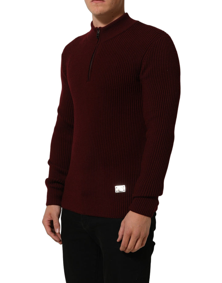 Dolce & Gabbana Burgundy Wool Half Zip Men Pullover Sweater