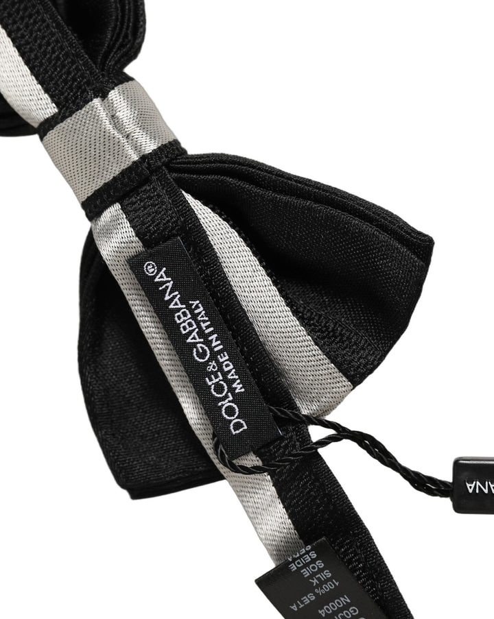 Dolce & Gabbana Black Silver 100% Silk Adjustable Neck Papillon Bow Tie
