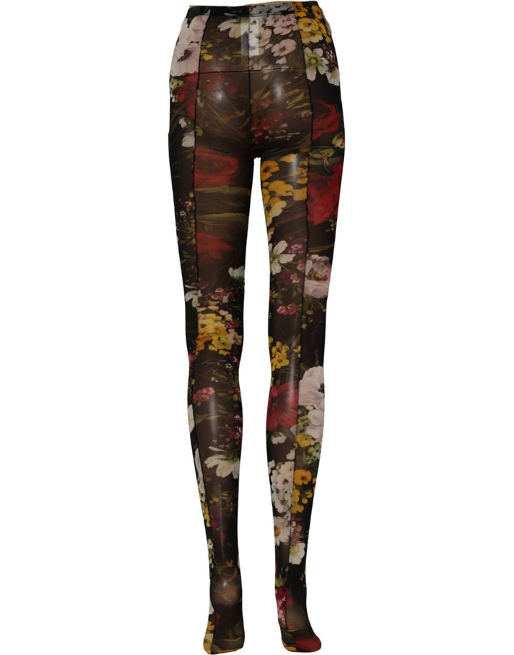Dolce & Gabbana Black Nylon Floral Print Tights Stockings Socks