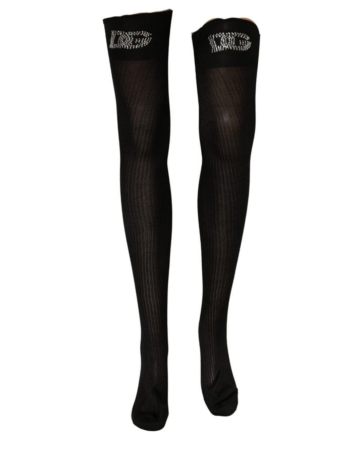 Dolce & Gabbana Black DG Logo Rhinestones Stretch Thigh High Socks