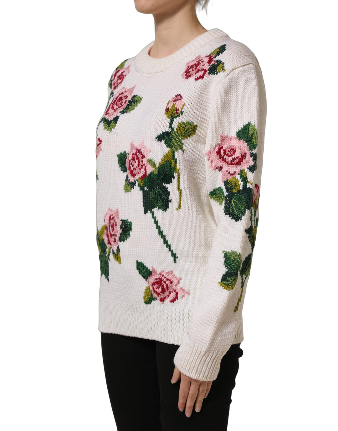 Dolce & Gabbana White Wool Floral Crew Neck Pullover Sweater