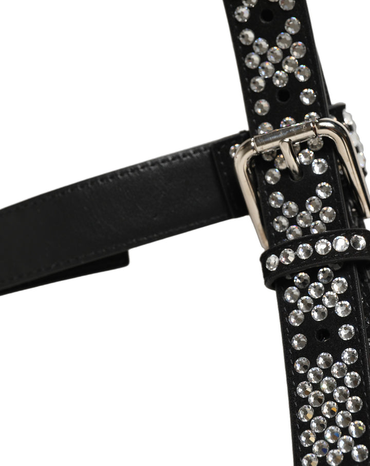 Dolce & Gabbana Black Leather Rhinestones Embellished Men Suspender