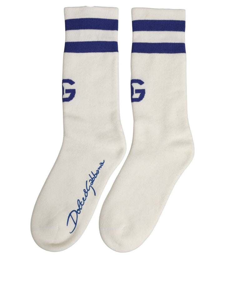 Dolce & Gabbana White Blue Cotton Logo Calf Women Accessory Socks
