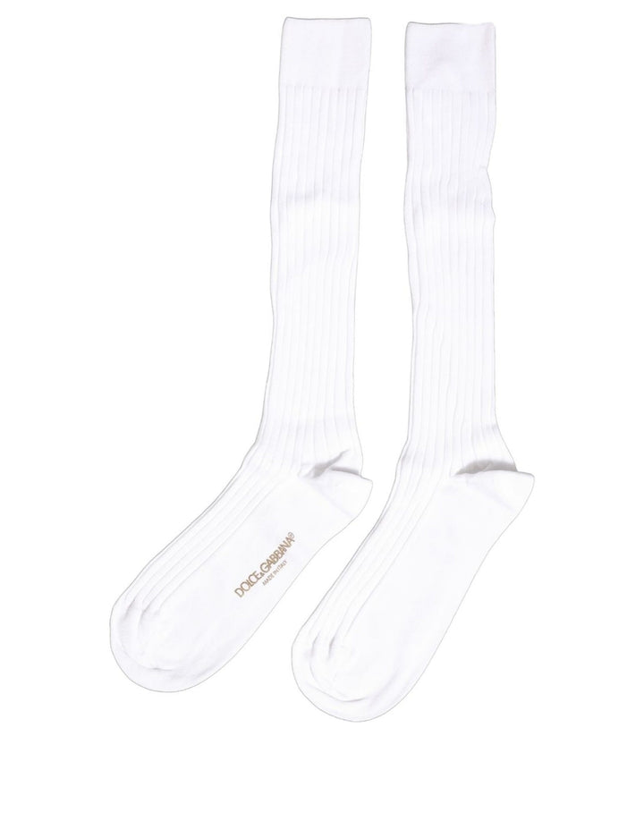Dolce & Gabbana White Cotton Ribbed Logo Over The Calf Women Socks