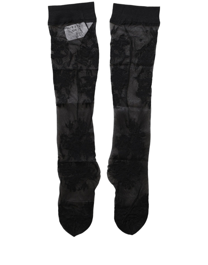 Dolce & Gabbana Black Floral Nylon Stretch Over The Calf Socks