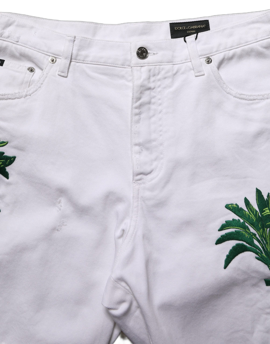 Dolce & Gabbana White Palm Embroidery Denim Bermuda Shorts