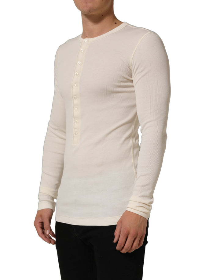 Dolce & Gabbana Off White Cotton Henley Long Sleeves T-shirt