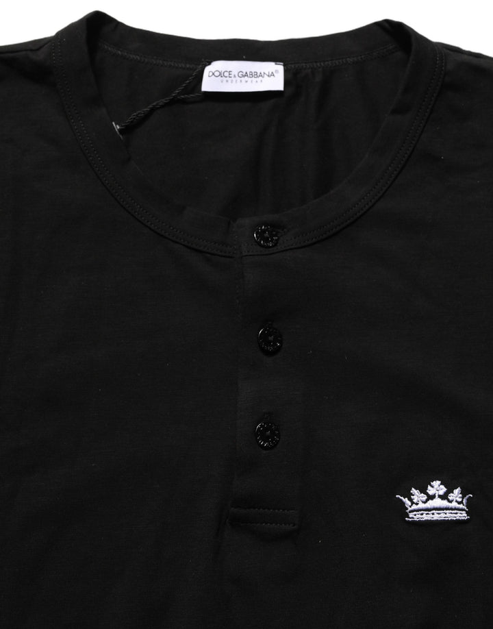 Dolce & Gabbana Black Crown Short Sleeved Henley Men T-shirt