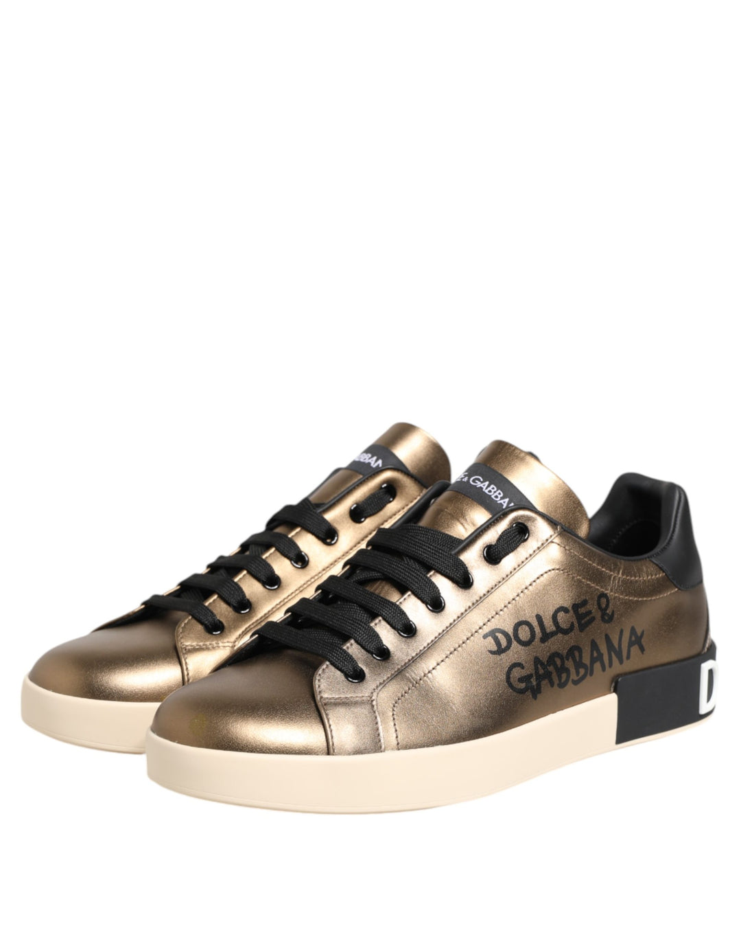 Dolce & Gabbana Gold Portofino Calf Leather Sneakers Shoes