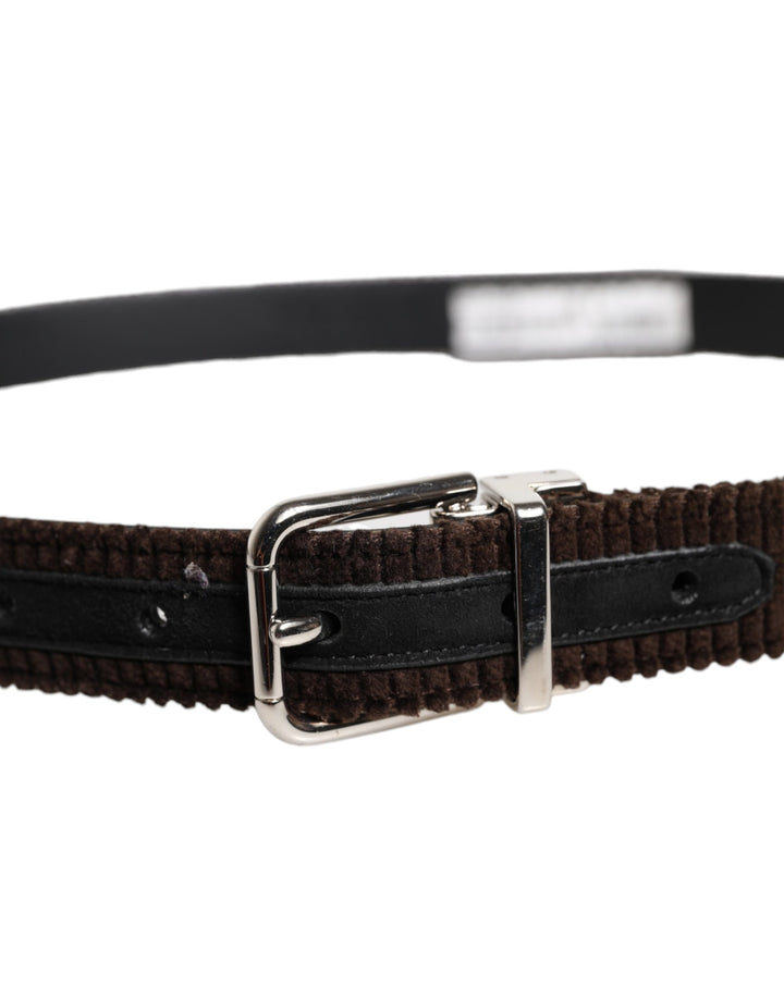 Dolce & Gabbana Men Brown Velvet Ridged Silver Buckle Belt