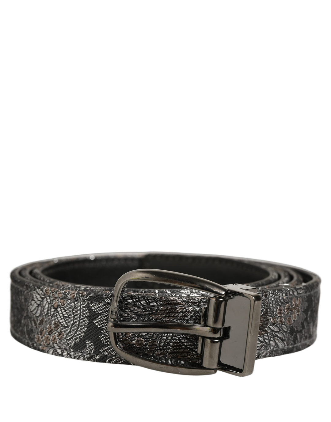 Dolce & Gabbana Silver Black Floral Jacquard Metal Buckle Belt