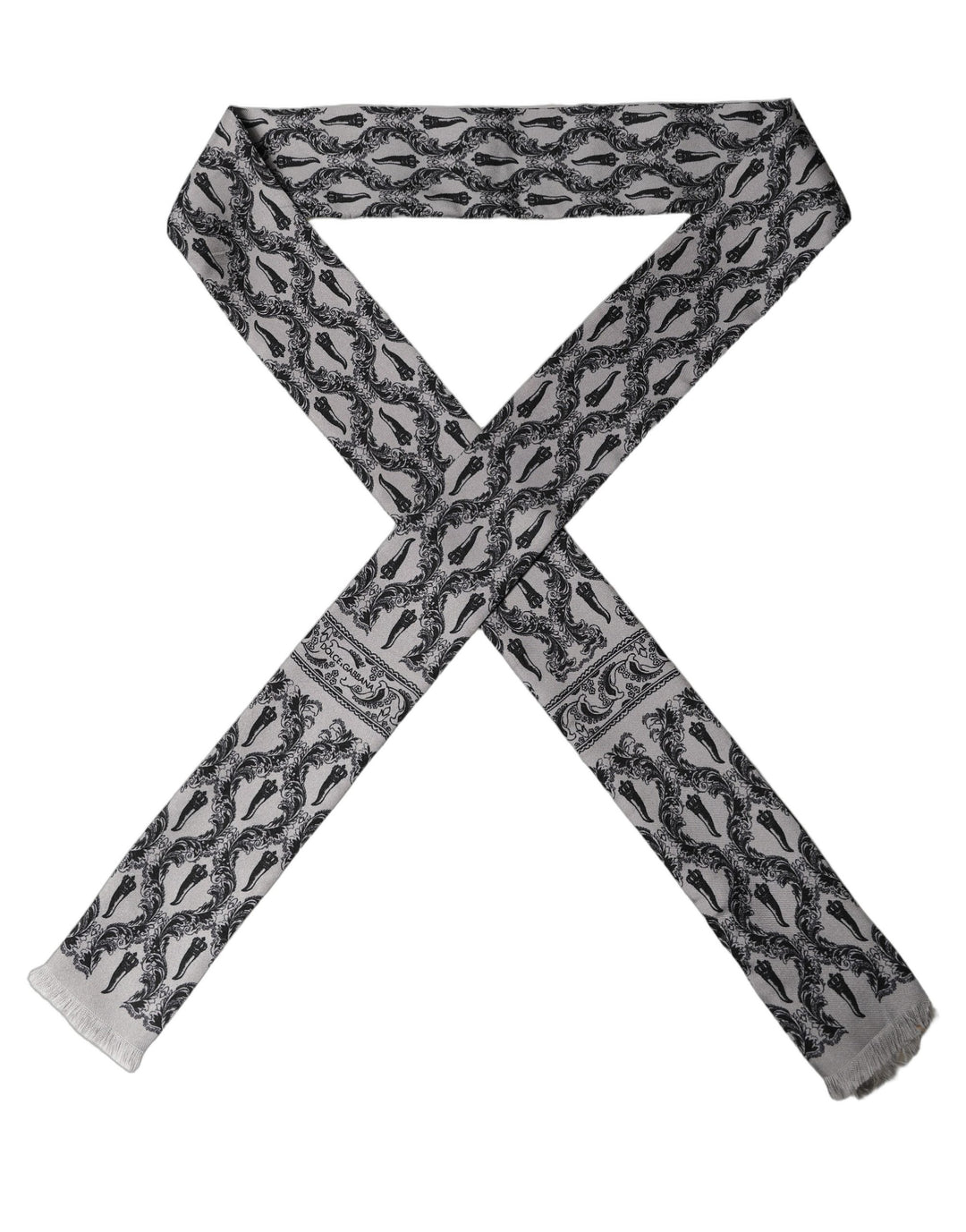 Dolce & Gabbana Gray Baroque Silk Fringed Skinny Foulard Scarf