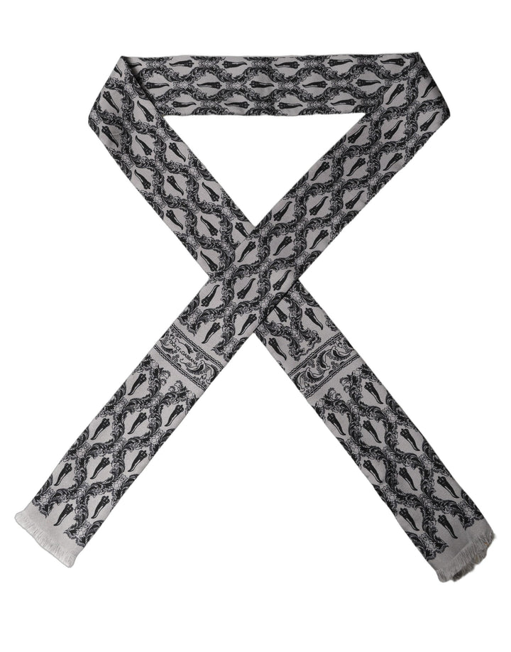 Dolce & Gabbana Gray Baroque Silk Fringed Skinny Foulard Scarf