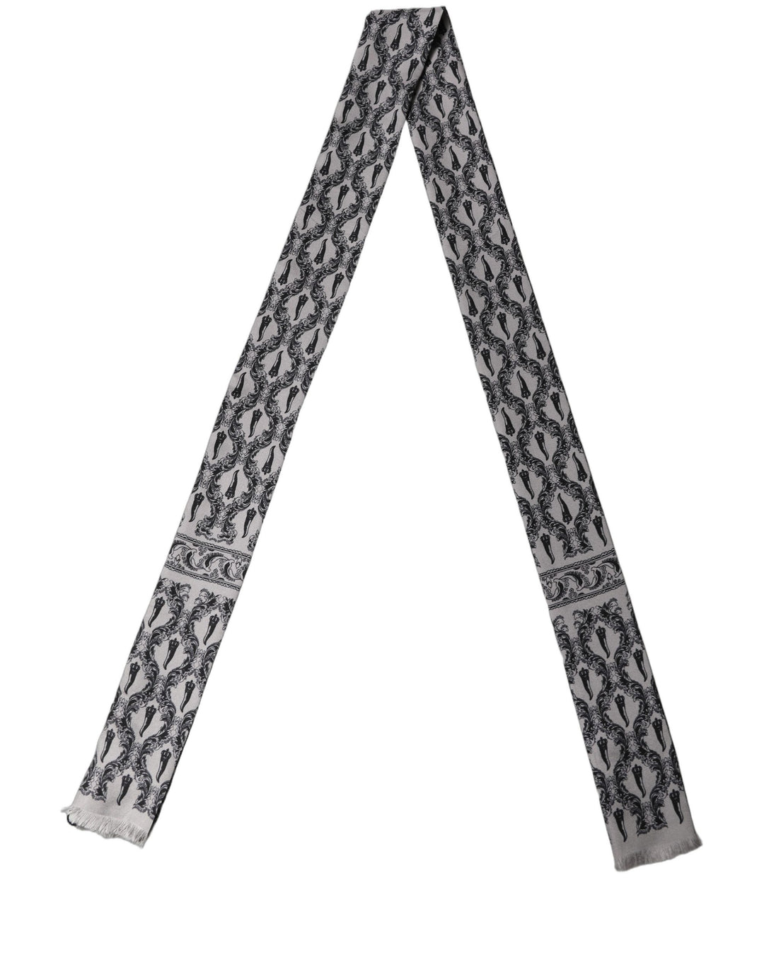 Dolce & Gabbana Gray Baroque Silk Fringed Skinny Foulard Scarf
