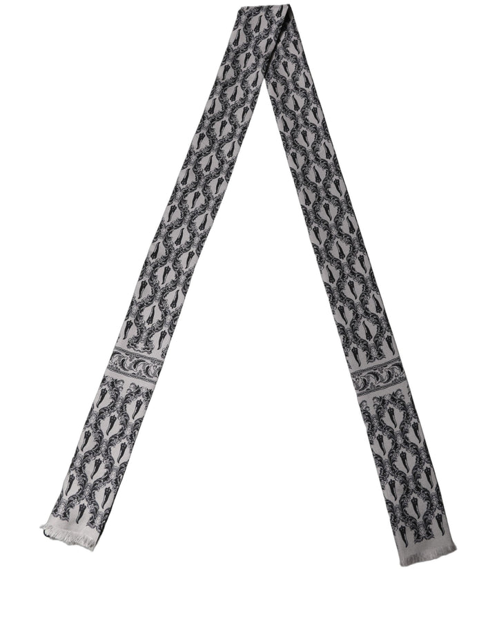 Dolce & Gabbana Gray Baroque Silk Fringed Skinny Foulard Scarf