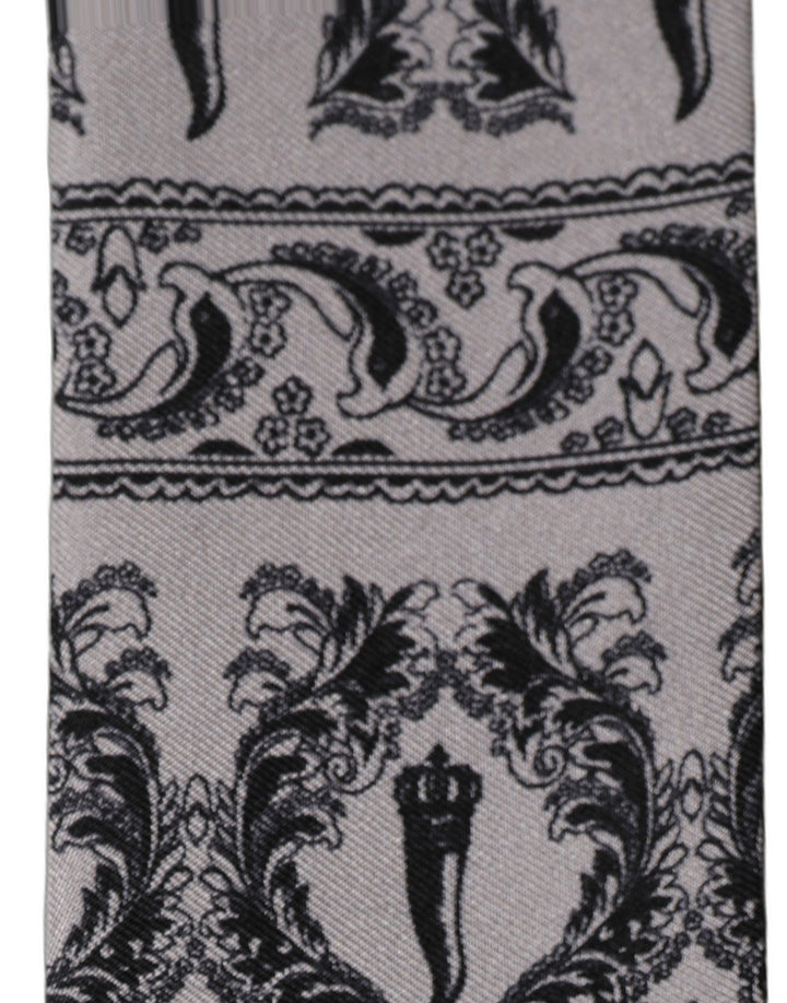 Dolce & Gabbana Gray Baroque Silk Fringed Skinny Foulard Scarf