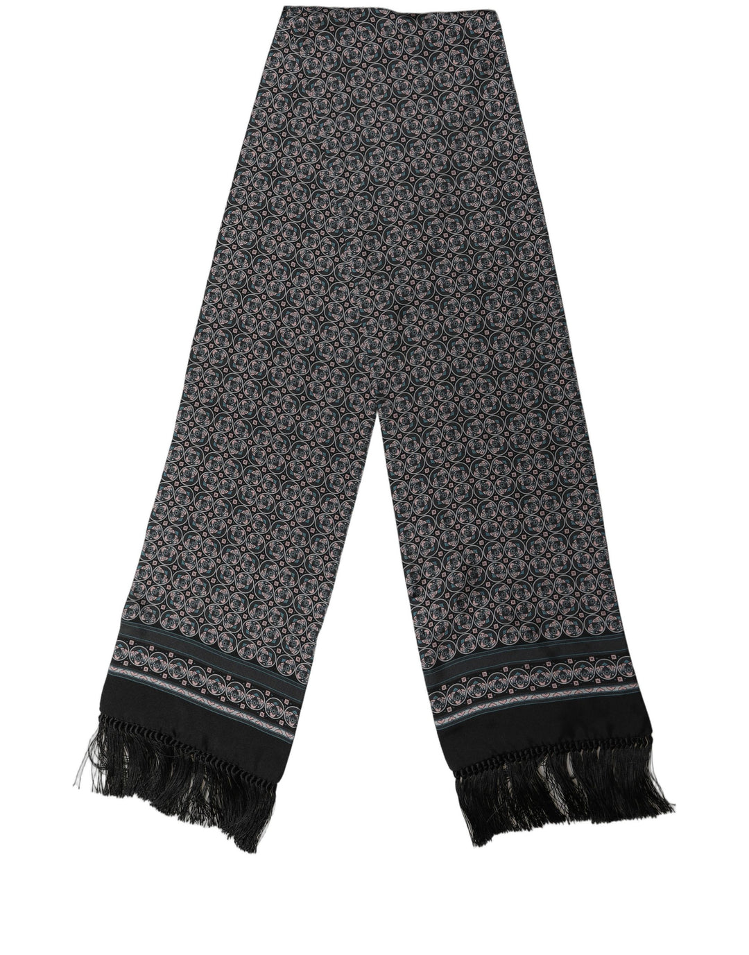 Dolce & Gabbana Black Silk Geometric Fringed Neck Shawl Scarf