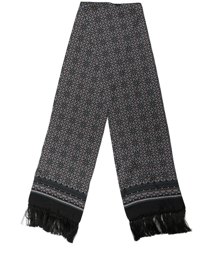 Dolce & Gabbana Black Silk Geometric Fringed Neck Shawl Scarf