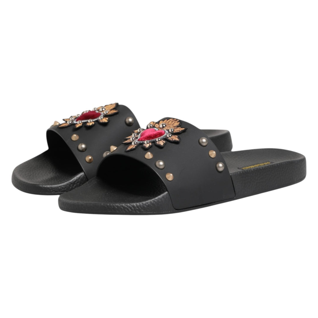 Dolce & Gabbana Black Heart Patch Rubber Calfskin Slippers Shoes
