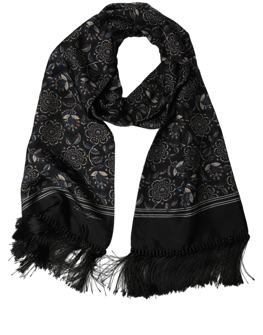 Dolce & Gabbana Black Silk Floral Paisley Fringed Shawl Scarf