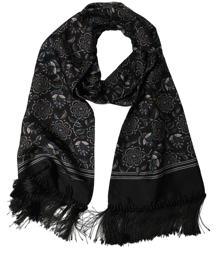 Dolce & Gabbana Black Silk Floral Paisley Fringed Shawl Scarf