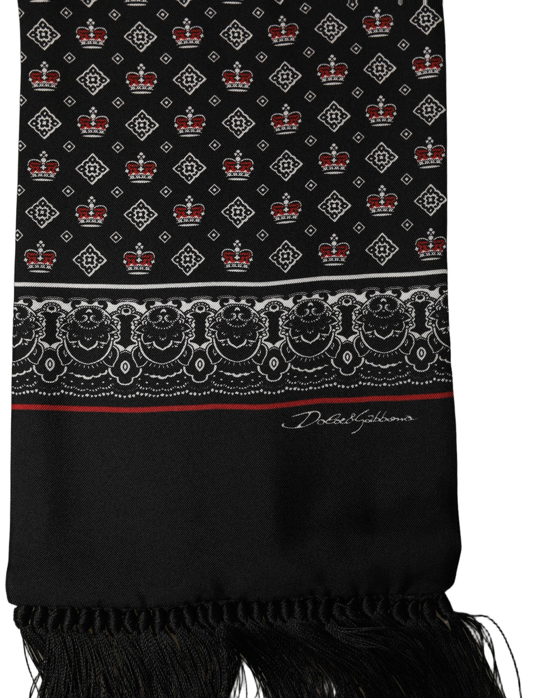 Dolce & Gabbana Black Silk Crown Fringed Neck Shawl Scarf