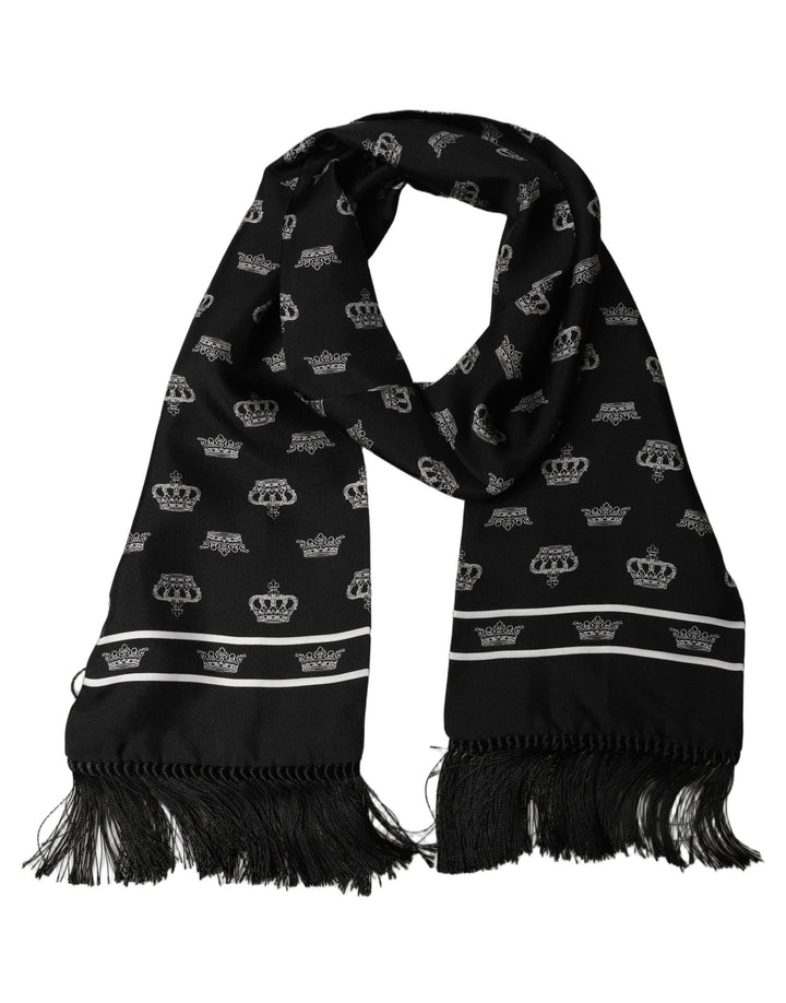 Dolce & Gabbana Black Silk Crown Fringed Neck Shawl Scarf