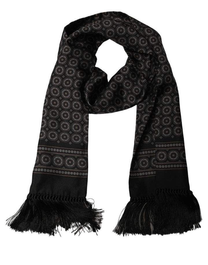 Dolce & Gabbana Black Silk Geometric Fringed Neck Shawl Scarf
