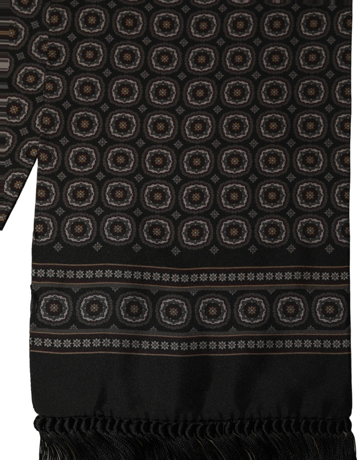 Dolce & Gabbana Black Silk Geometric Fringed Neck Shawl Scarf