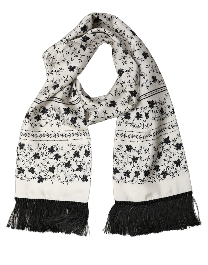 Dolce & Gabbana White Floral Silk Fringed Neck Shawl Scarf
