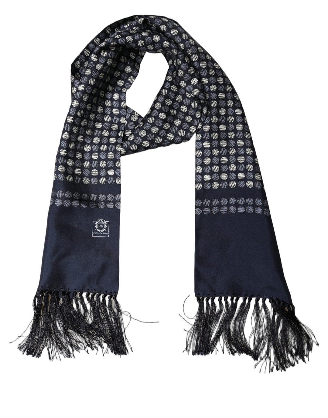 Dolce & Gabbana Men Navy Blue Geometric Dot Silk Fringed Neck Shawl Scarf