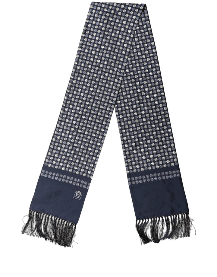 Dolce & Gabbana Men Navy Blue Geometric Dot Silk Fringed Neck Shawl Scarf