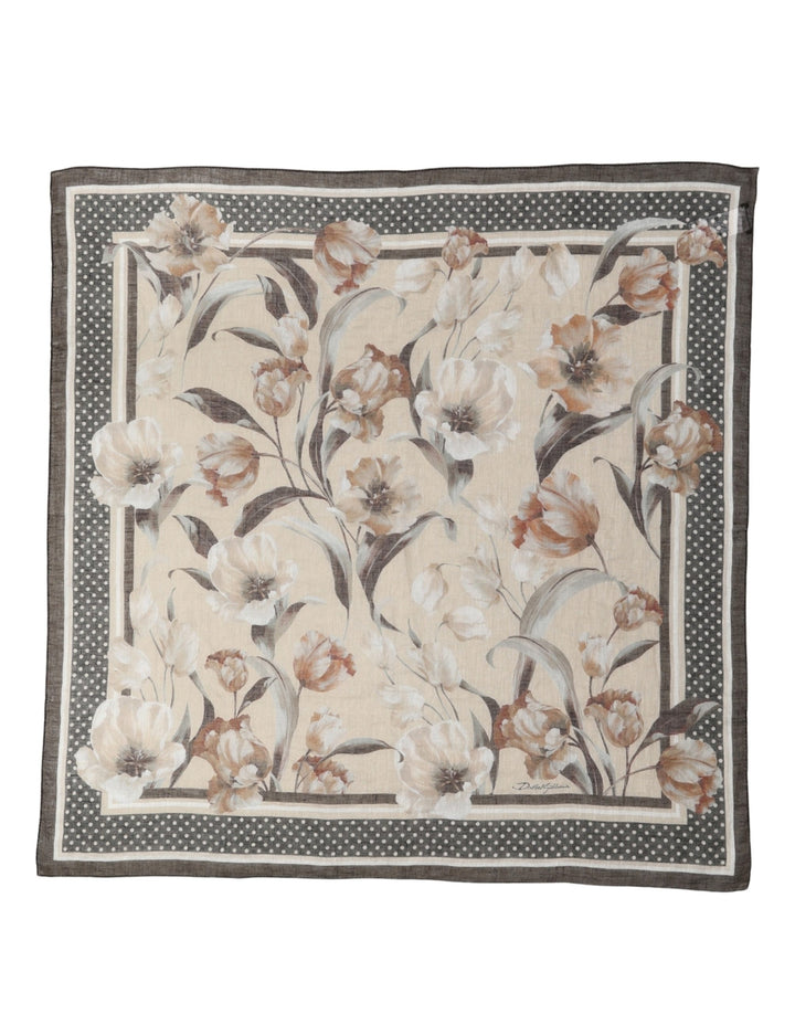 Dolce & Gabbana Men Beige Floral Linen Square Foulard Scarf