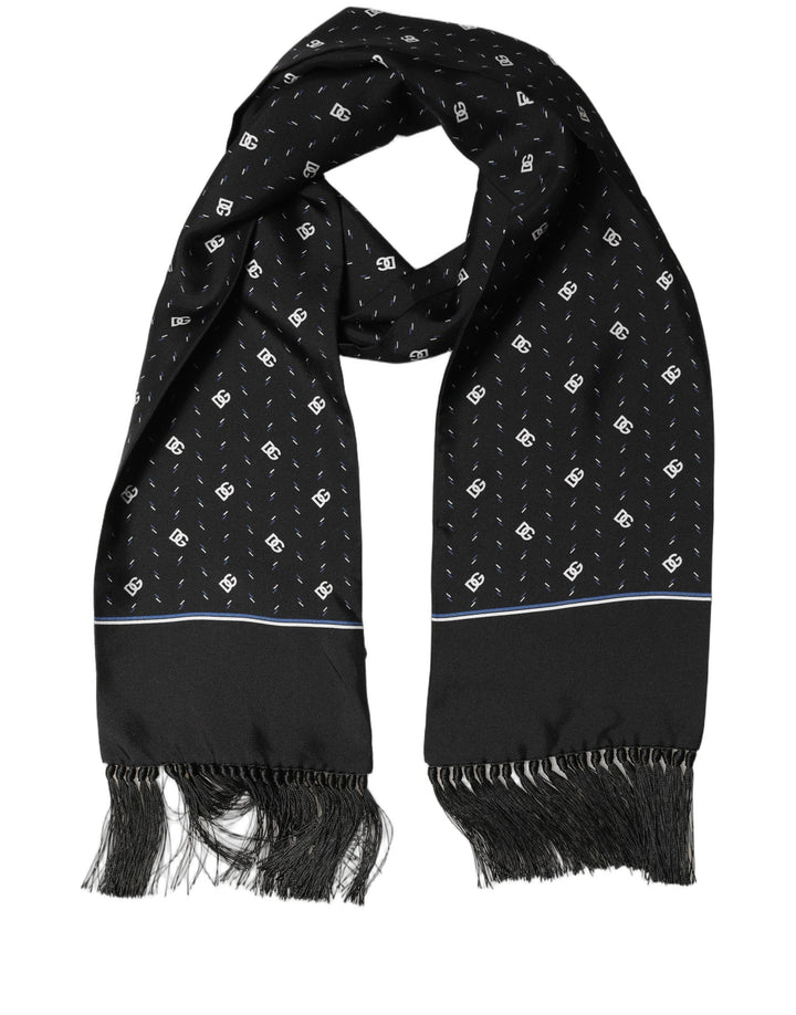 Dolce & Gabbana Black Silk DG Logo Men Fringed Shawl Scarf