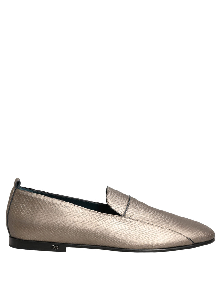Dolce & Gabbana Silver Leather Logo Slip On Loafers Shoes
