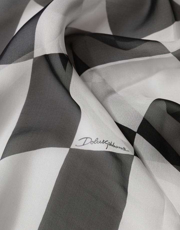 Dolce & Gabbana White Black Checkered Silk Foulard Scarf