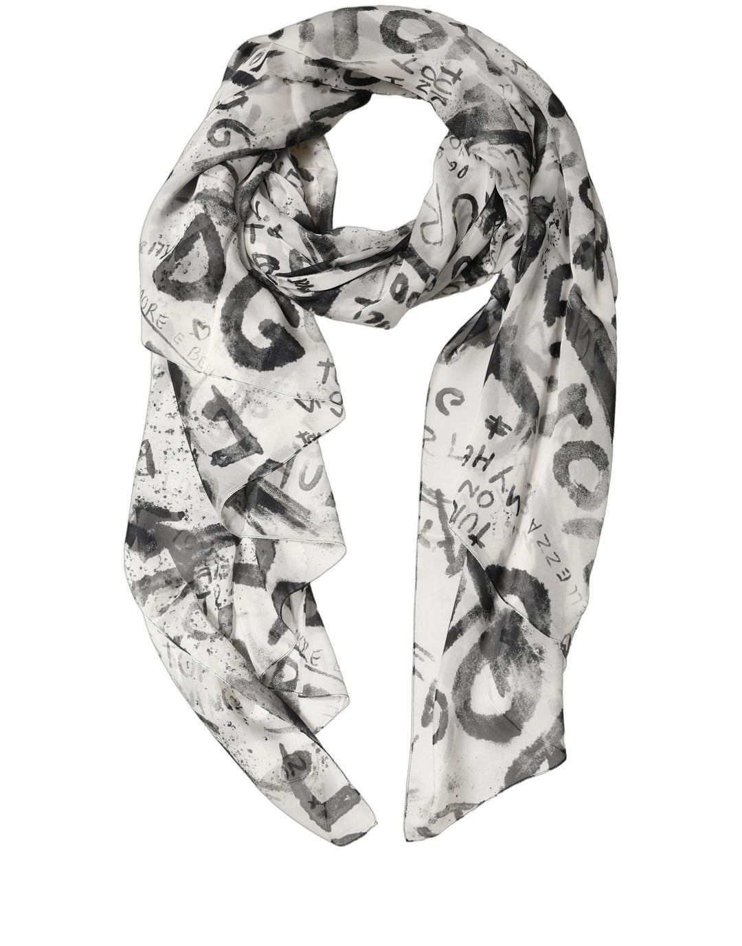 Dolce & Gabbana White Graffiti Logo Silk Shawl Stole Scarf