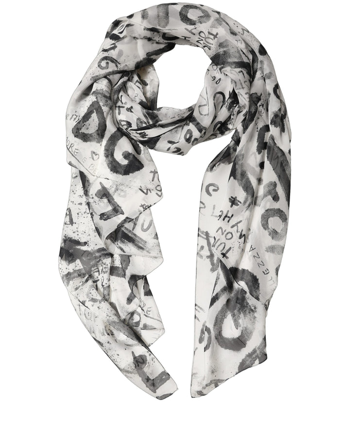 Dolce & Gabbana White Graffiti Logo Silk Shawl Stole Scarf