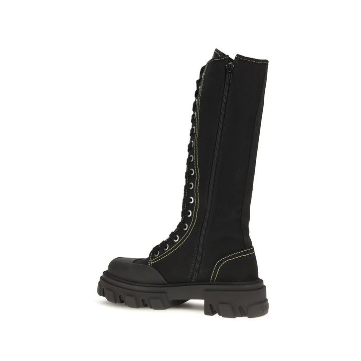 Ganni Black Cotton Lace-Up Boots