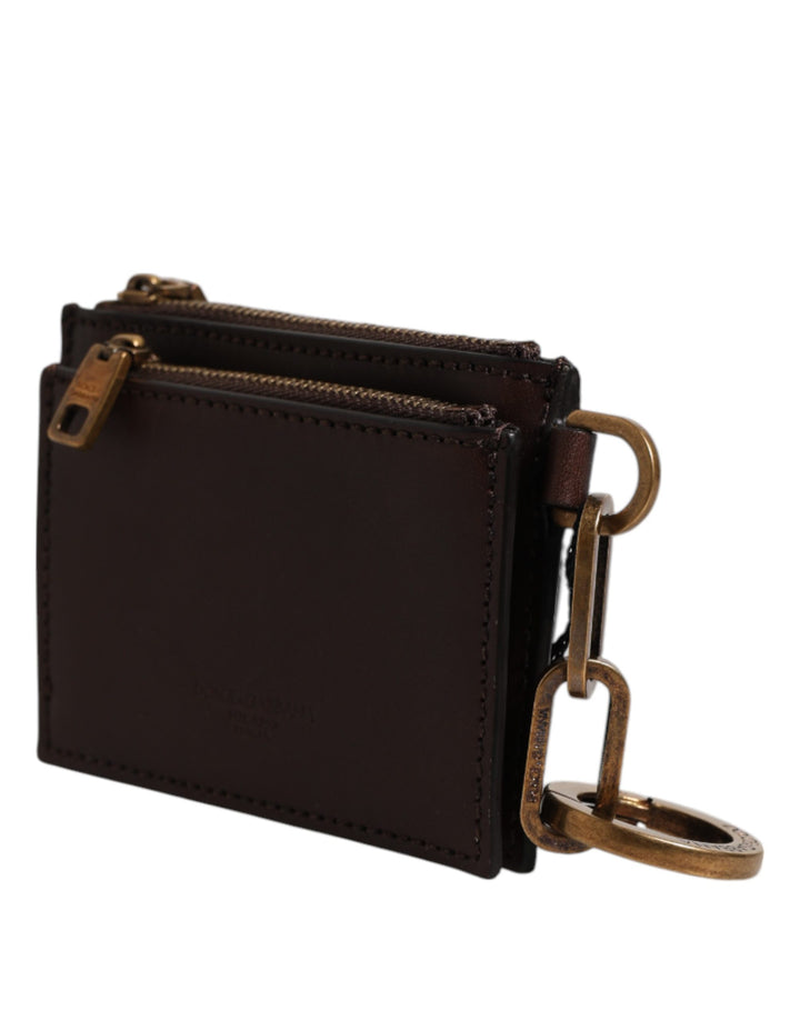 Dolce & Gabbana Brown Leather Logo Embossed Key Chain Coin Purse Wallet