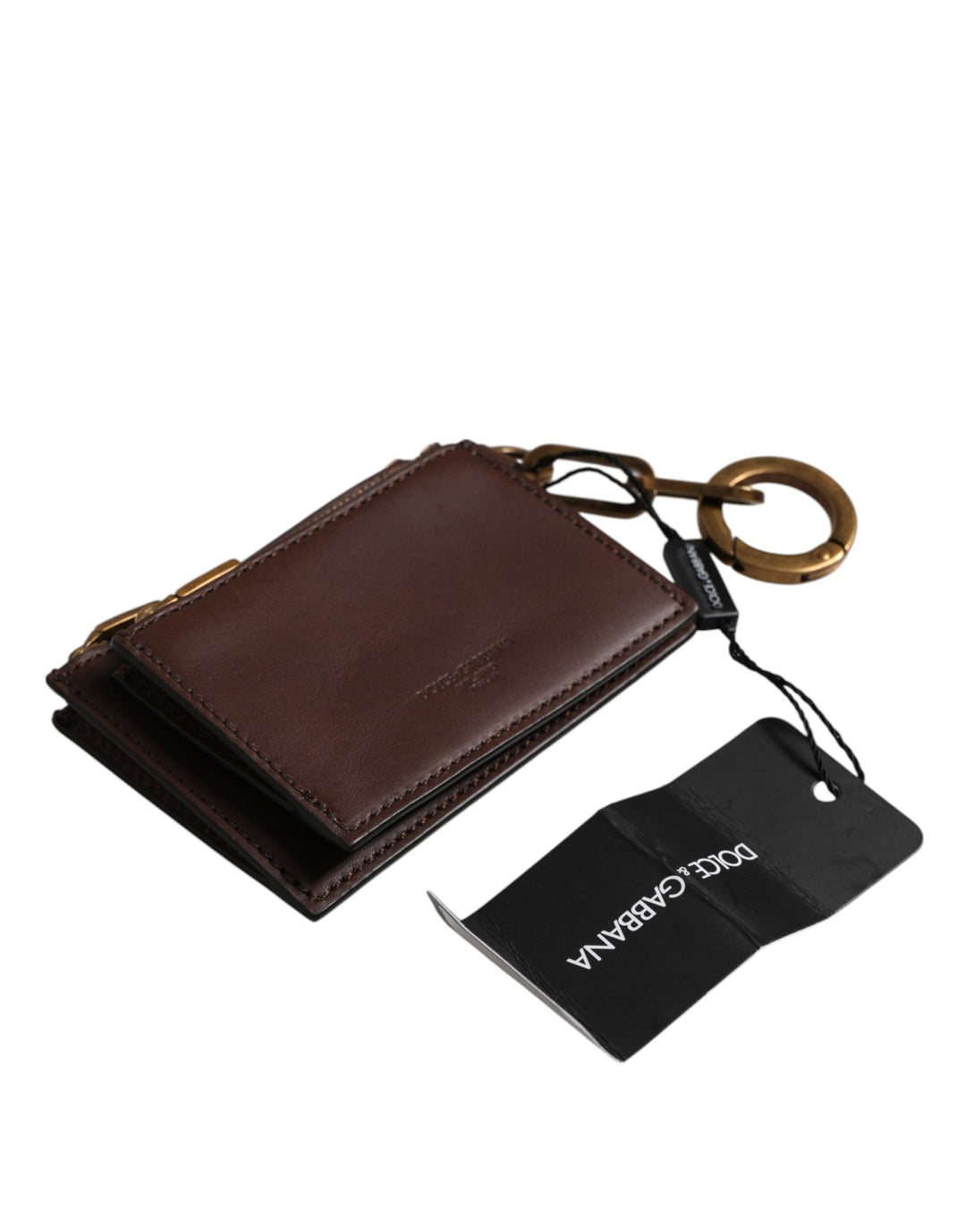 Dolce & Gabbana Brown Leather Logo Embossed Key Chain Coin Purse Wallet