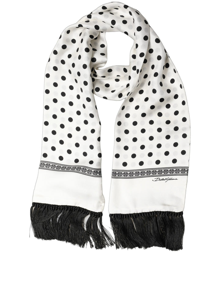 Dolce & Gabbana White Black Polka Dot Fringed Shawl Scarf