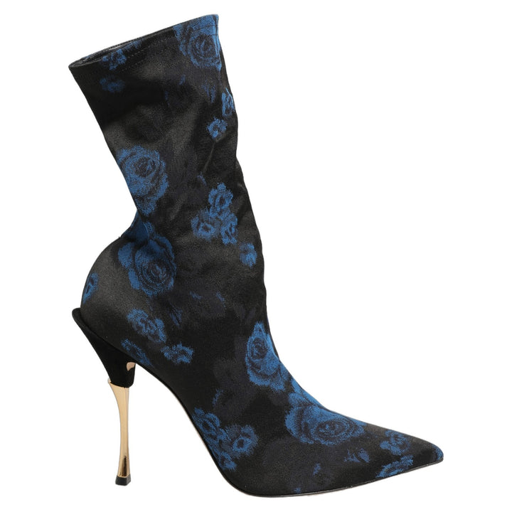 Dolce & Gabbana Black Blue Floral Stretch Sock Boots Shoes
