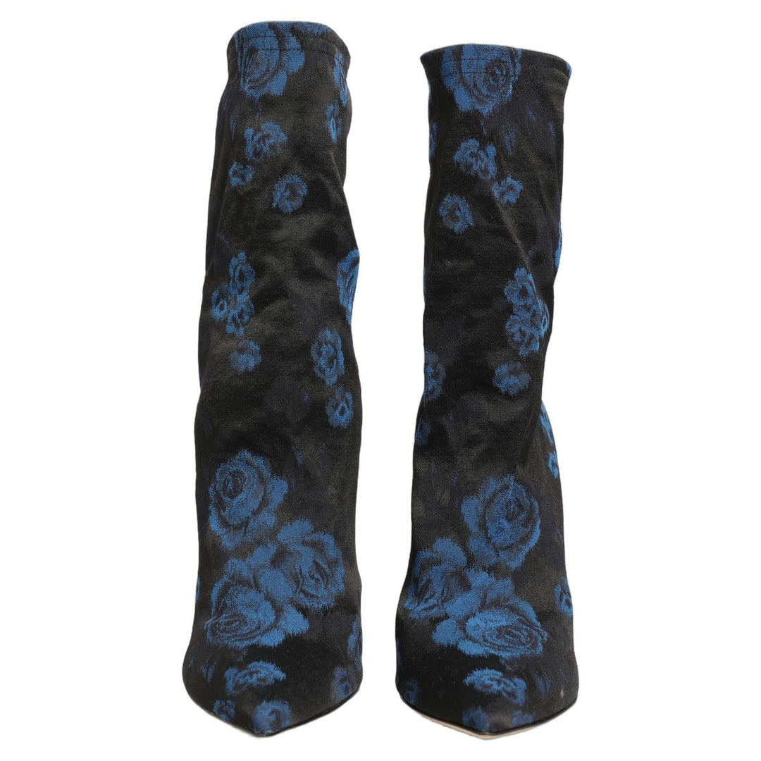 Dolce & Gabbana Black Blue Floral Stretch Sock Boots Shoes