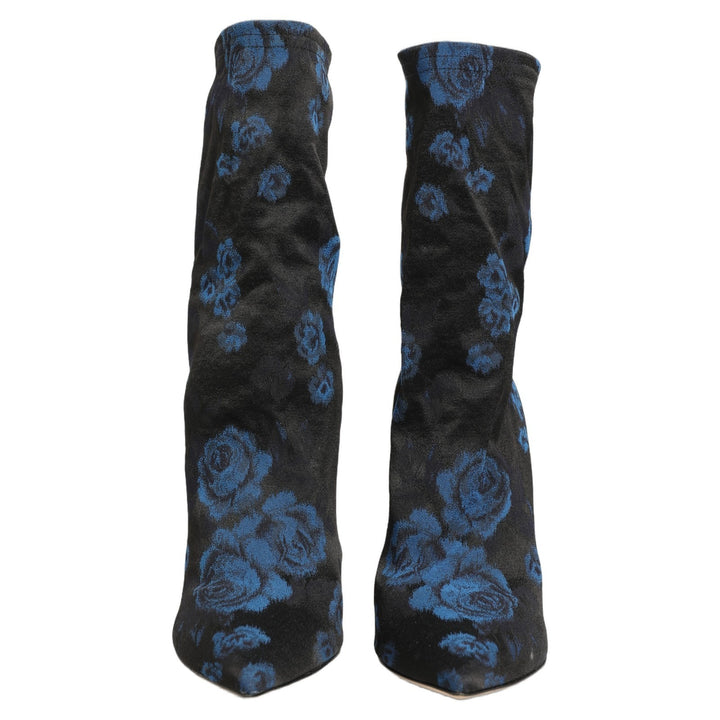 Dolce & Gabbana Black Blue Floral Stretch Sock Boots Shoes
